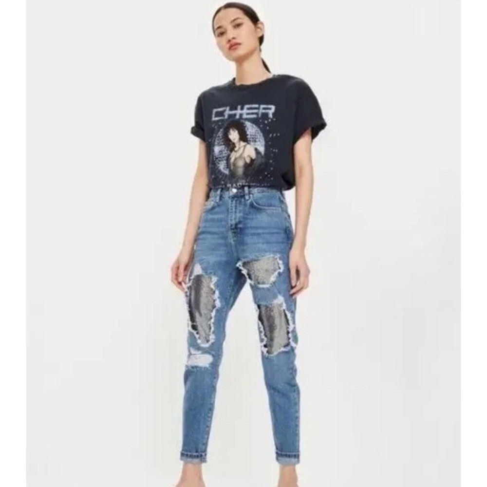 TOPSHOP High-waisted Moto Mom Tapered Leg  Woman's 25 Jean Distressed Metallic